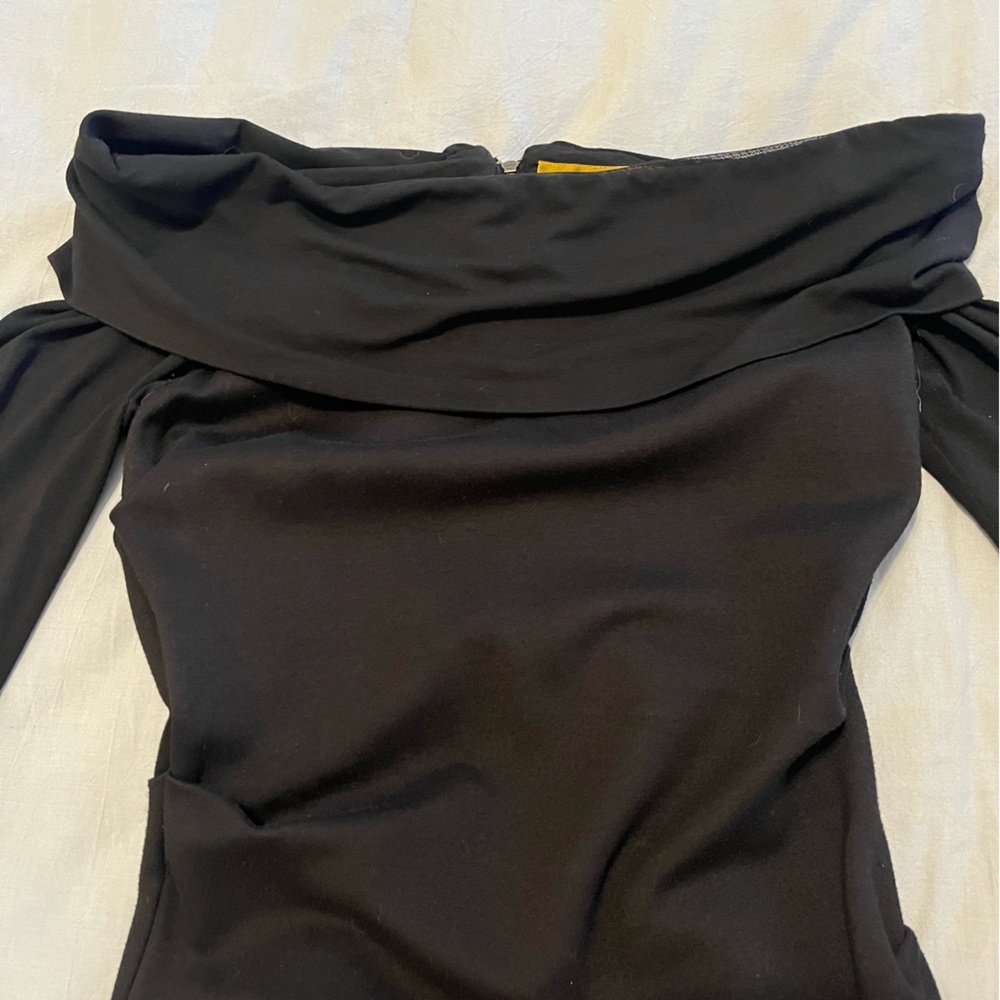 Nicole Miller Artelier Cali Ponte Dress Black Ruched Off-Shoulder Bodycon Med - Picture 3 of 14